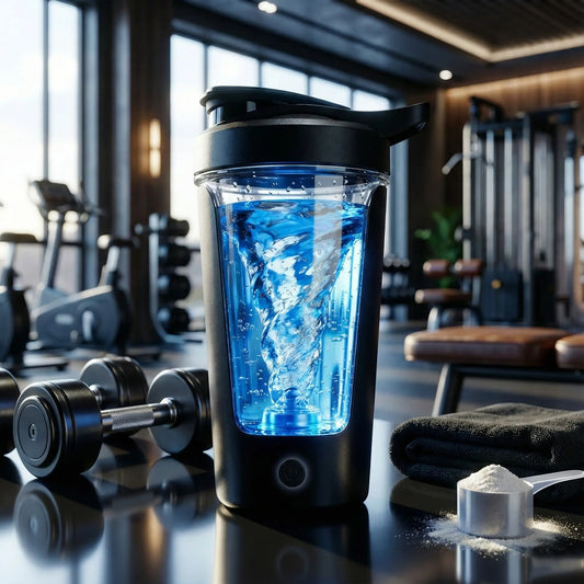 Shaker électrique GoVortech utilisé à la salle de sport pour mélanger protéines et compléments sans grumeaux.