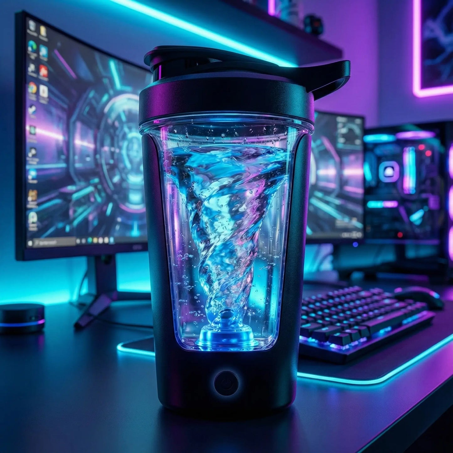 Shaker électrique GoVortech avec vortex placé dans un setup gamer, mélange automatique sans grumeaux.