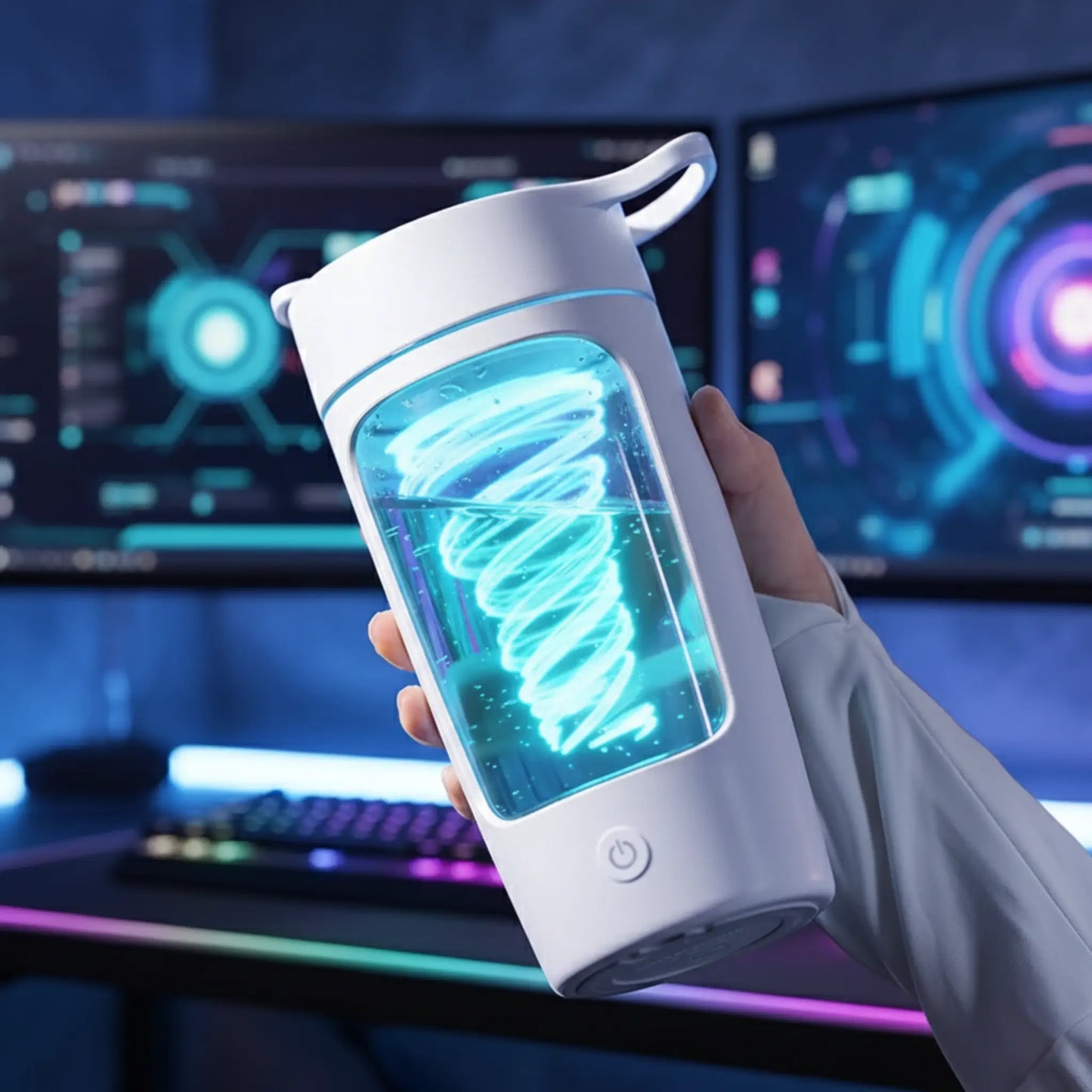 Shaker électrique blanc GoVortech tenu en main, idéal pour whey, BCAA et boissons énergisantes.