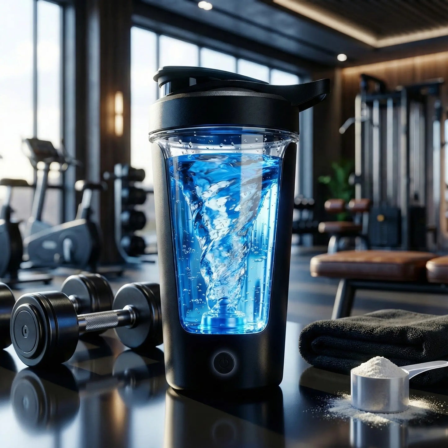 Shaker électrique GoVortech utilisé à la salle de sport pour mélanger protéines et compléments sans grumeaux.