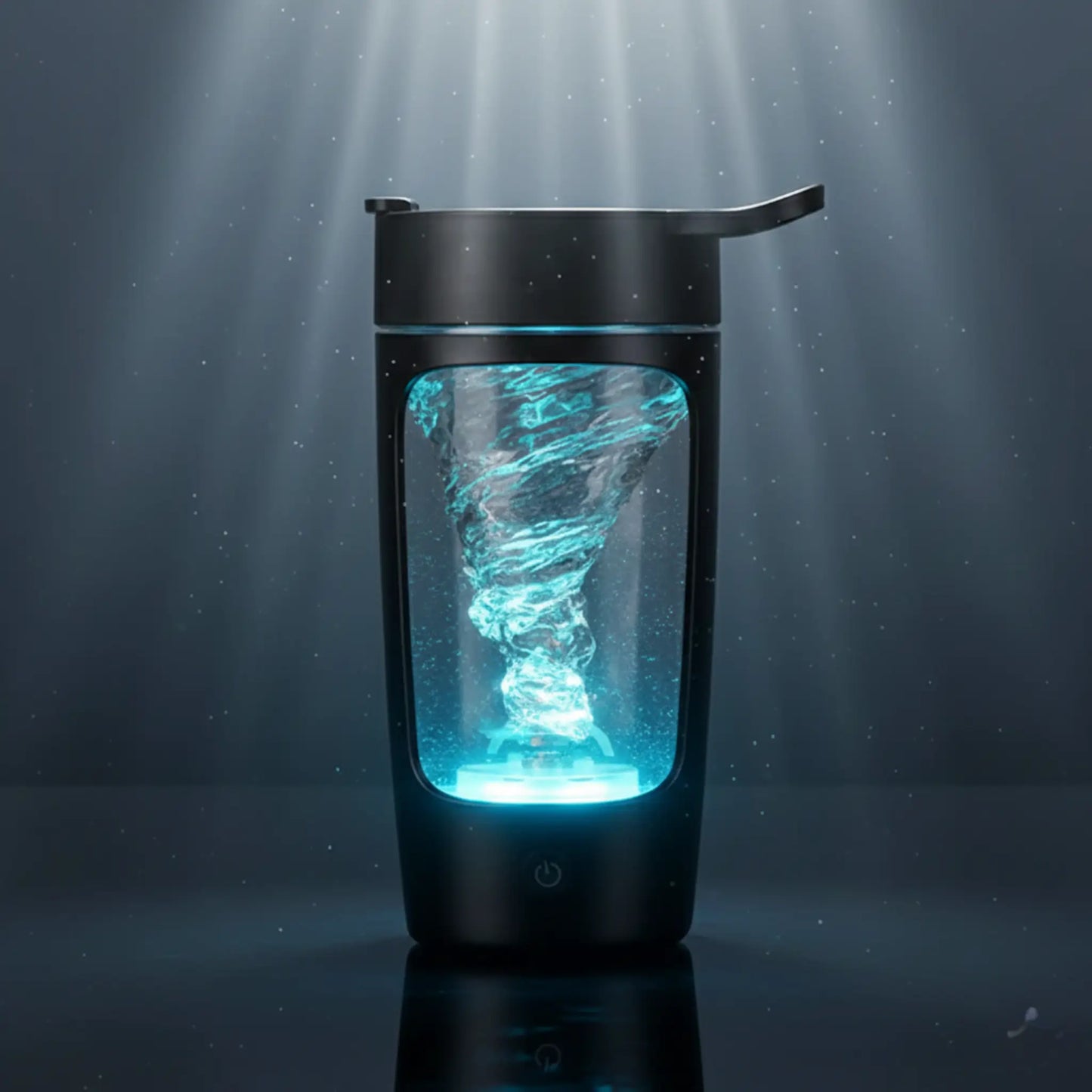 Shaker électrique noir GoVortech, design transparent avec vortex puissant pour whey et boissons énergétiques.
